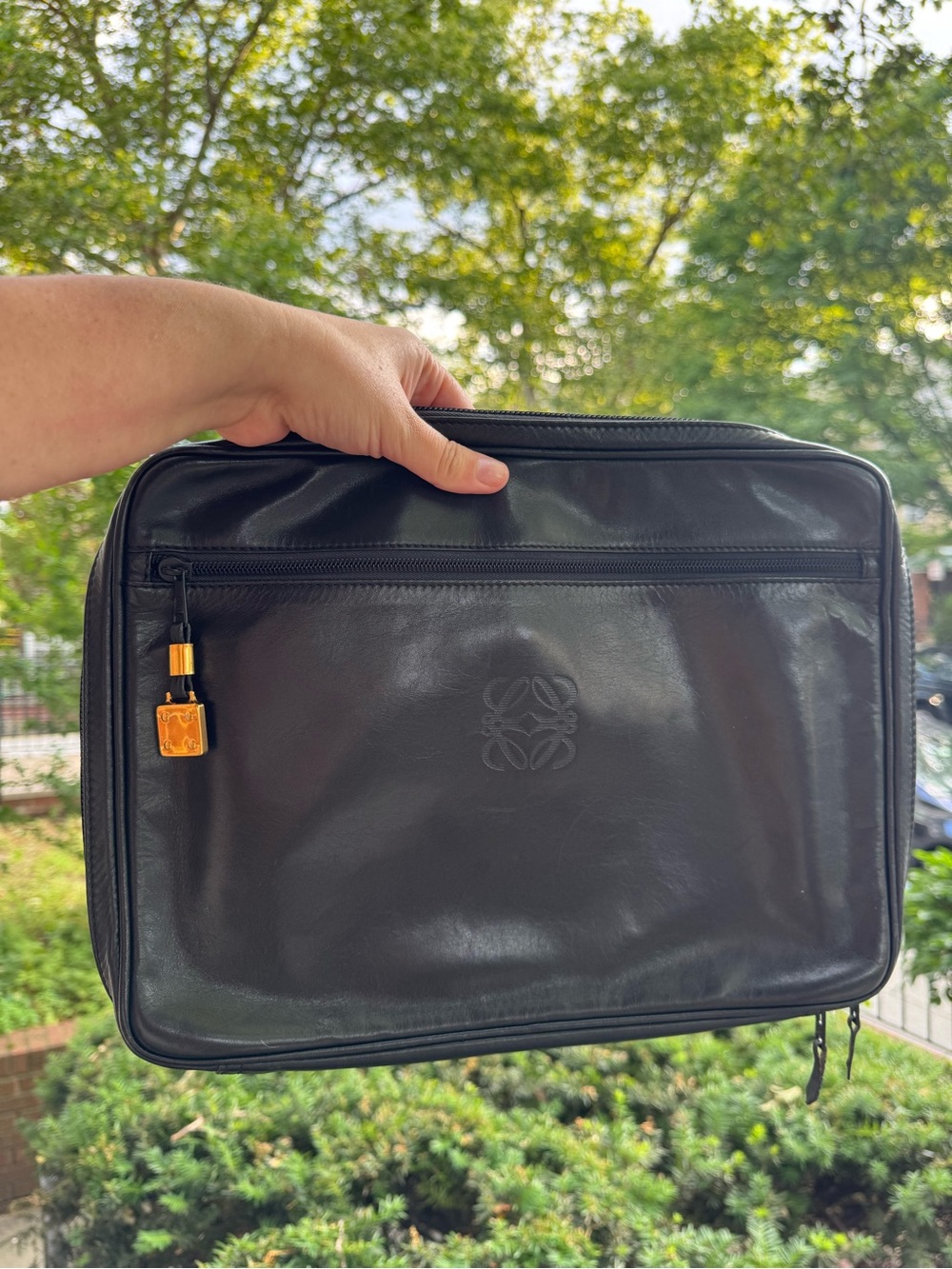 Loewe Black Leather Clutch Pouch Organizer with Gold-Tone Charm
